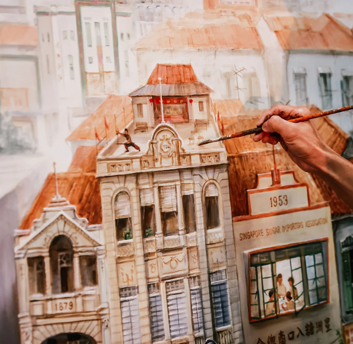 A vibrant painting capturing memories of old Singapore